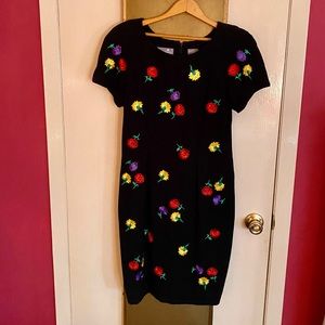 Liz Claiborne Dress, Black w/ Embroidered Flowers